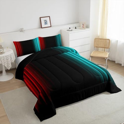 Feelyou Teens Abstract Ombre Decorations Bedding Set for Kids Women Red Teal and Black Comforter Set Geometric Modern Quilt Set Room 3Pcs King Size