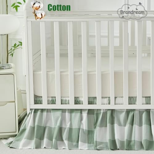 Brandream Gingham Gathered Crib Skirt, Baby Boy, Baby Girl, Gender Neutral Crib Skirt, 100% Cotton, 4-Sided, Green Buffalo Plaid Toddler Bedskirt Farmhouse Chic Nursery Crib Bed Skirt Dust Ruffle