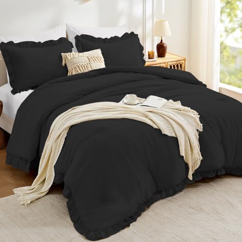 FUANNA King Size Comforter Set, Ruffle Bedding Set, 3 Pieces Bed Set, Black