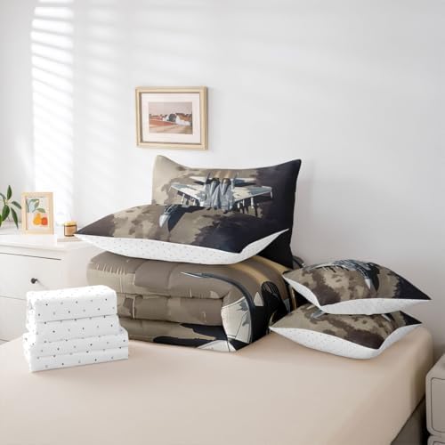 Erosebridal 7 Pcs Military Fighter Plane Comforter Set for Boys Queen Camouflage Aircraft Bedding Set for Kids Men Warplane Aviation Bed in A Bag with Sheets Airplane Bed Sets for Aviation Enthusiast