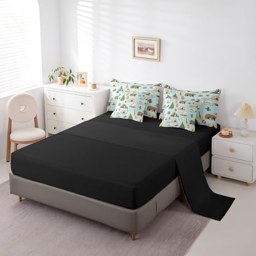 Erosebridal Camper 7 Pcs Bedding Sets for Travel Trailers Bunk,Happy Camping Comforter Set Queen Bed in a Bag for Kids Boys Girls,Pine Tree Bear Duvet Insert,Camper Accessories Travel Car Flat Sheet