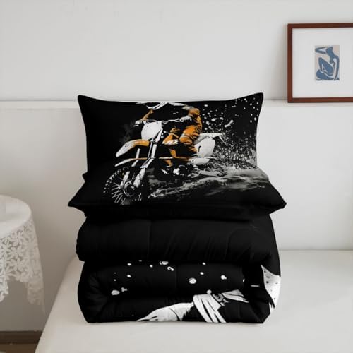 Feelyou Dirt Bike Queen Size Comforter Set for Kids Boys Girls Racing Motorcycle Racer Comforter Cover Breathable Soft Lightweight Microfiber Cool Motocross Extreme Sports Bedroom Decor Quilt Set
