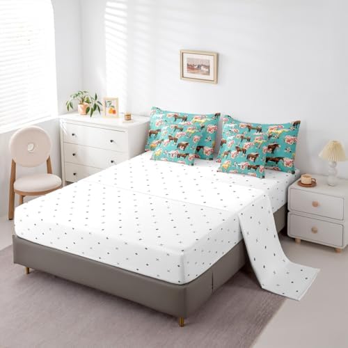 Erosebridal Kids Horse Full Comforter Set 7 Pieces, Chic Retro Floral Bed in A Bag, Galloping Horse Printed Bedding Set with Comforters, Sheets, Pillowcases Farm Animal Bedroom Decor