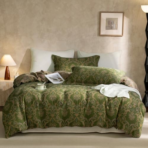 VM VOUGEMARKET Olive Green Duvet Cover Set King,Reversible Medallion Flower Print Bedding Set Linen Cotton Yarn-Dyed Textured Bohemian Duvet Cover with Zipper Closure-104 x90