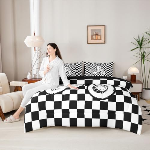 Feelyou Red Motocross Rider Comforter Set with Sheets 7 Piece Full Checkered Flag Bed in a Bag Boys Girls Off-Road Racing Bedding Set Sporty Rider Bedroom Decor Dirt Bike Breathable Soft Lightweight