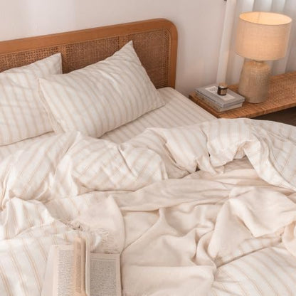 BESTOUCH Striped Cotton Duvet Cover Set Linen Feel Super Queen