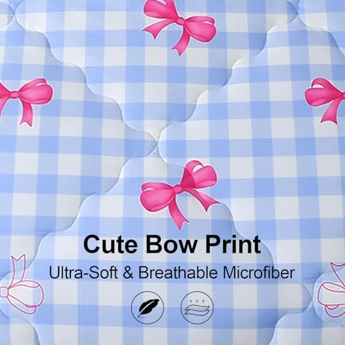 Wajade Bow Comforter Set 7 Piece Blue White Plaid Comforter Sets for Girls Kids Full Size Checkered Bedding Set with Sheet and 2 Pillowcases 2 Pillow Shams Cute Girls Bed in a Bag as Birthday Choice