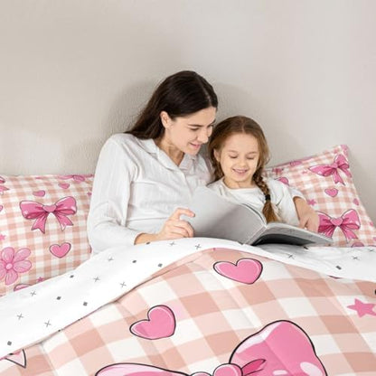 jejeloiu Checkerboard Bowknot Bedding Set Soft for Boys Girls, Pink Bow Comforter Set Toddler Size Plaid Duvet Quilt Microfiber Bedroom Decor 2 Pcs with 1 Pillow Cases