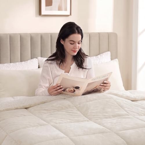 Fluffy Sherpa California King Comforter Set, Thick Bedding Set 3PC, Cream
