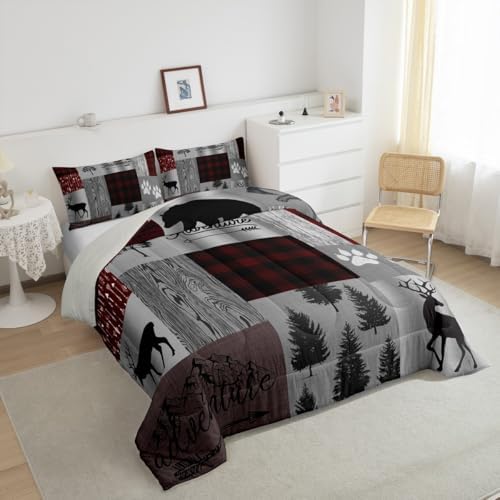 Deer Bear Comforter Set Queen,Vintage Rustic Farmhouse Quilt Set Brown Red Geometric Plaid Patchwork Bedding Set for Kids Teens Adults Room Decor,Pine Animals Plants Duvet Insert,2 Pillowcases