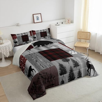 Deer Bear Comforter Set Queen,Vintage Rustic Farmhouse Quilt Set Brown Red Geometric Plaid Patchwork Bedding Set for Kids Teens Adults Room Decor,Pine Animals Plants Duvet Insert,2 Pillowcases