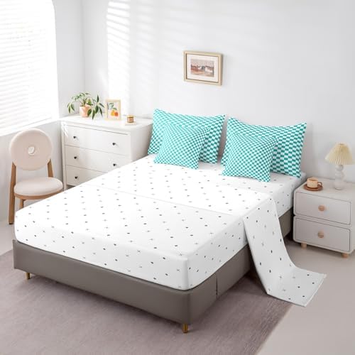jejeloiu Teal Checkered Comforter Set with Sheets 7 Piece Full Size