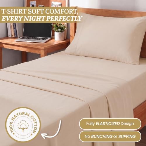 Twin XL Cotton Knit Jersey Sheet Set, 15" Deep Pocket, Beige, 3PC