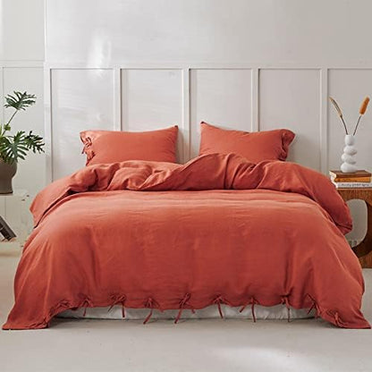 Simple&Opulence 100% Linen Duvet Cover Set 3pcs with Bowknot Ties Closure Natural French Washed Flax Solid Color Soft Breathable Farmhouse Bedding - Brick Red, King Size