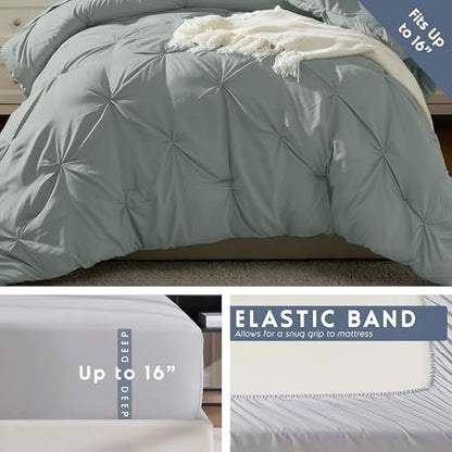 Nestl 7 Piece Twin XL Comforter Set – Sage Green Pinch Pleated Bed in a Bag – Complete Twin XL Size Bedding Set with Sheets, Set of 2 Cooling Pillows, Pillowcase and Sham
