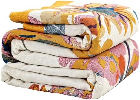 VANJOROY Boho Large Throw Blanket for Bed Couch, 100% Organic Cotton Soft Queen Throw-Floral Butterfly Decor Fall Blanket for Sofa Quilt and Gift, 80" x 90"-Beige