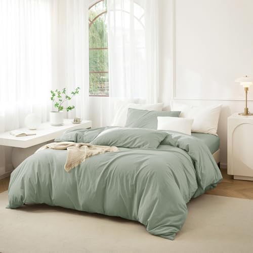 JIYUAN King Washed Cotton Duvet Cover Set, 3-Piece, Relaxed Linen Feel