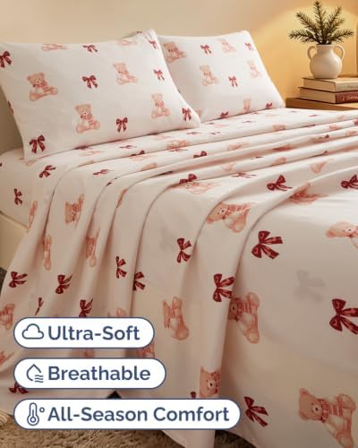 Christmas Sheet Set, Teddy Bears, Holiday Xmas Bedding Set - Cal King Size