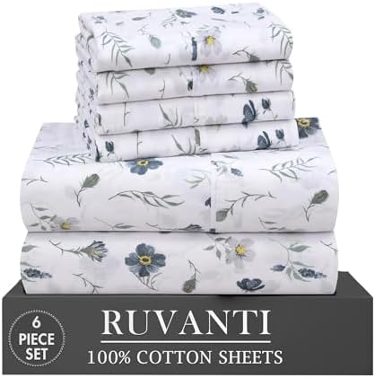 RUVANTI 100% Cotton California King Sheet Set, Percale Sheets, Coastal Blue