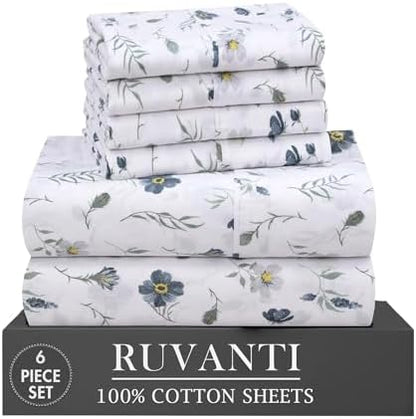 RUVANTI 100% Cotton California King Sheet Set, Percale Sheets, Coastal Blue