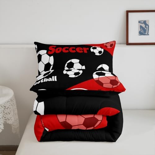 Manfei American Soccer Comforter Set Toddler Size, Black White Football Bedding Set 2pcs, Sports Theme Red Down Comforter All Season, Kids Boys Teens Room Decor, Soft and Lightweight, 1 Pillowcase