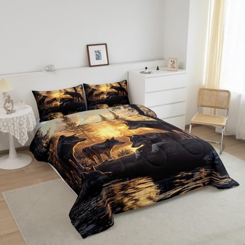 Feelyou Wolf Comforter Sets Toddler Size for Boys Kids Teens,Wild Animal Bedding Sets Hunting Comforter Sets Woodland Moose Wildlife Forest Bed Set, with 1 Comforter 1 Pillowcase
