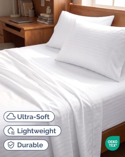 Twin 4 Piece Bed Sheet Set - Breathable & Cooling Sheets - Striped White