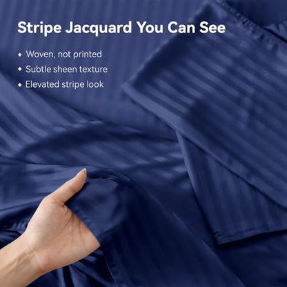 Cooling Sheets Set Cal King Size, Viscose Derived from Bamboo for Hot Sleepers, Double Stitching, Deep Pocket to 16 Inch, Silky Soft and Breathable Bedding, 4PC (Cal King, Jacquard Navy)