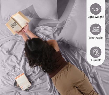 RUVANTI 100% Cotton Queen Sheets, Percale Queen Sheet Set, Opal Gray