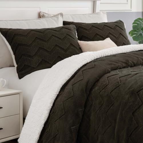 BEDELITE Fluffy Sherpa King Comforter Set,Hot Chotolate