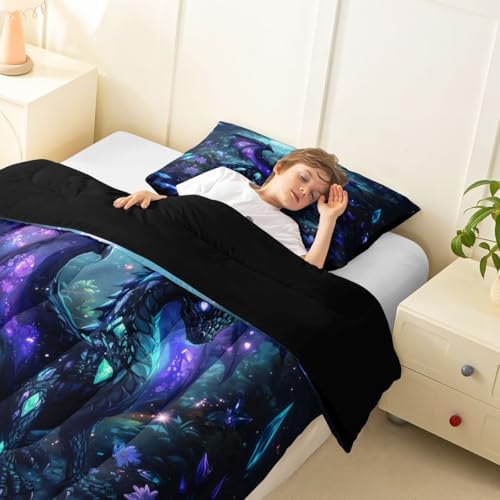 Feelyou Dragon Comforter Set Toddler Size Wild Life Bedding Set for Kids Boys Girls Jungle Dragon Duvet Quilt Magical Beast Bedroom Decor Fantasy Animal Microfiber 2 Pcs with 1 Pillow Cases
