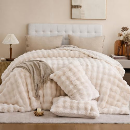 YIKUSH Queen Faux Fur Soft Comforter Set, Fluffy Beige Rabbit Fur Comforter
