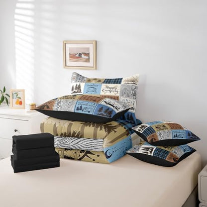 Erosebridal Happy Camping Bedding Set Full Rv Camper Comforter Set 7 Piece for Travel Trailers Bunks,Rustic Buffalo Plaid Pine Trees Camper Car Decor Bed in A Bag Rv Accessories for Inside Bed Set
