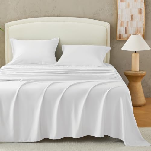 Andency Sateen Sheets Set, 100% Viscose Derived from Bamboo, Hotel Luxury Silky & Cooling for Hot Sleepers, Deep Pocket Up to 16", White King