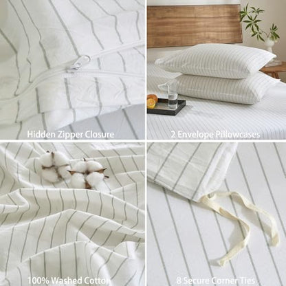 Striped Duvet Cover Set 3 Piece 100% Washed Cotton Linen Like Textured Bedding Comfy Breathable Lightweight (Queen, Wide Stripe-White/Green)