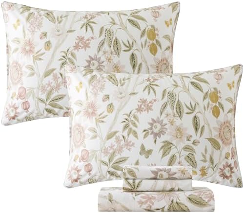 FADFAY Queen Size Sheets 100% Cotton Botanical Floral Bed Sheet Leaves Sunflower Printed Farmhouse Bedding Lemon Butterfly Patterned Deep Pocket Flower Sheets Luxury 600 TC Soft Breathable 4 Pcs