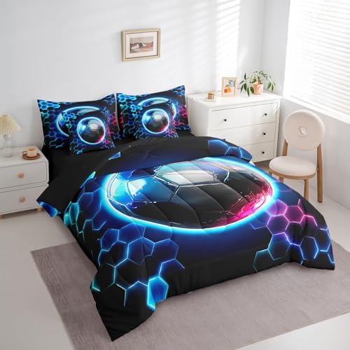 Erosebridal Boys Soccer Comforter Sets with Sheets - Geometric Honeycomb Bedding Set Twin for Boys Girls Colorful Neon Lights 7Pcs Bed in A Bag, Hexagon Sports Gamer Bed Set