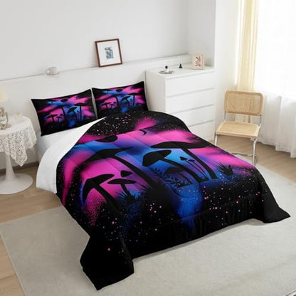 Castle Fairy Mushroom Comforter Set Queen Size Fungus Plant Bedding Set for Kids Boys Girls Bedroom Decoration Colorful Tie-dye Bed Duvet Insert Bohemian Comforter with 2 Pillowcase
