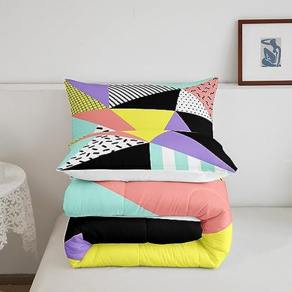 Manfei Memphis Comforter Set King Size, Geometric Triangle Pattern Quilt Set with 2 Pillowcases, Retro 80s 90s Fashion Style Bedding Set 3pcs for Kids Boys Girls Lightweight Duvet Insert