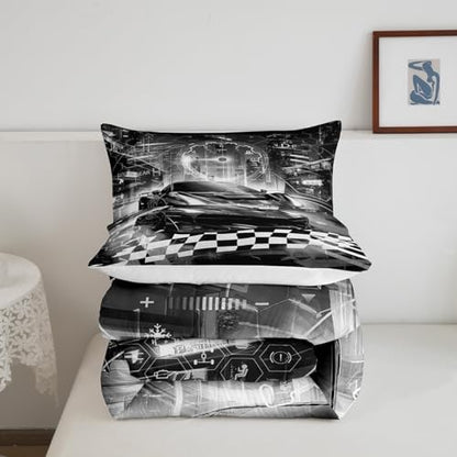 Feelyou Boys Black Race Car Twin Size Bedding Set Kids Racing Car Decor Comforter Extreme Sports Car Comforter Set for Teens Honeycomb Grid Car Comforter Quilt Set Car Room Decorations
