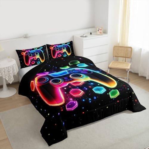 Game Consoles Kids Boys Reversible Comforter Set King Size,Gaming Quilt Set Galaxy 3D Neon Honeycomb Video Games Polyester Bedding Sets Gamer Room Decor Gifts,2 Pillowcases (Red Green Blue)