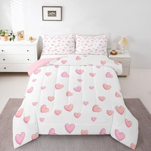 jejeloiu Pink Heart Comforter Set King Size Kawaii Bedding Set for Kids Boys Girls Dreamy Princess Style Duvet Quilt Bedroom Decor Microfiber 3 Pcs with 2 Pillow Cases
