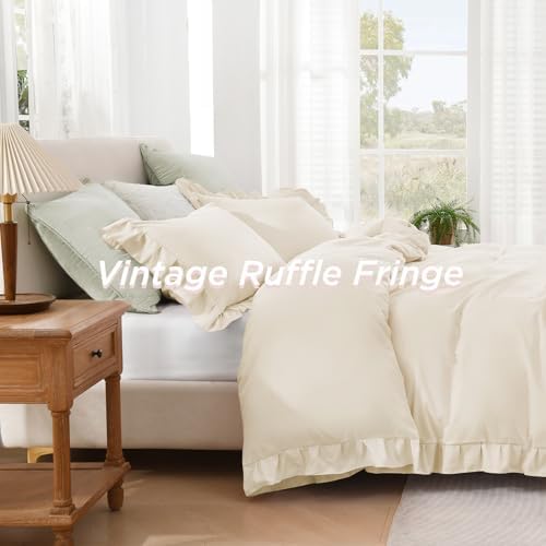 Andency Beige Ruffle Duvet Cover Queen, Shabby Chic Farmhouse Bedding Set