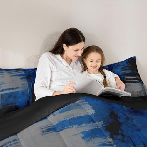 Kids Blue Grey Black Bedding Set King Size Abstract Duvet Quilt for Boys Girls Teens Bedroom Decor Geometric Comforter Set Breathable Soft Lightweight Microfiber Women Men Modern With 2 Pillow Case