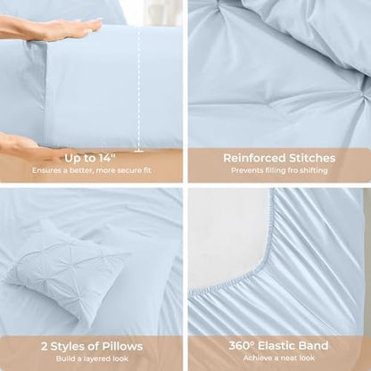 Sasttie Oversized King Comforter Set, 7-Piece Bed in a Bag, Pintuck Bedding Sets for All Season, Includes Comforter, Flat Sheet, Fitted Sheet, Pillowcases and Pillowshams, Light Blue