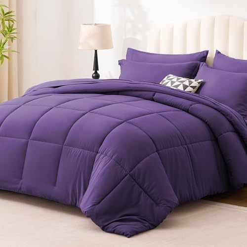 Love's cabin Twin XL Comforter Set Dark Purple, 5 Pieces Twin XL Bed in a Bag, All Season Bedding Sets with 1 Comforter, 1 Flat Sheet, 1 Fitted Sheet, 1 Pillowcase and 1 Pillow Sham