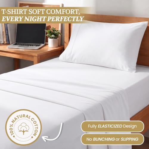 Twin XL Cotton Knit Jersey Sheet Set, 15" Deep Pocket, White, 3Pc