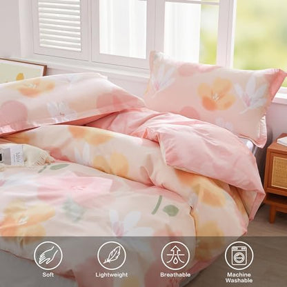 SAPHREAS Pink Floral Duvet Cover Set Full Size Blossom Flower Printed Bedding Comforter Cover Set 100% Cotton 1 Duvet Cover 90"x80" 2 Pillow Shams, Comforter Not Included