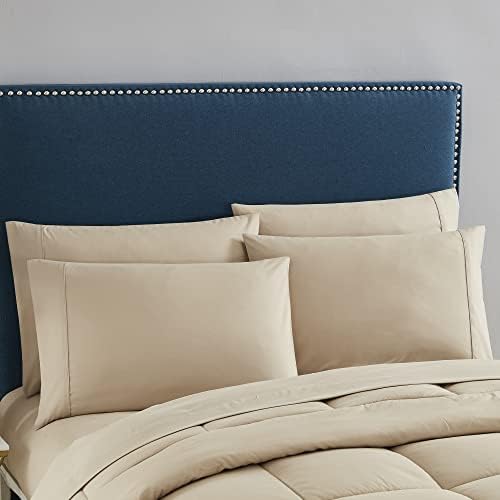 Sweet Home Collection 7 Piece Comforter Set Bag Solid Color All Season Soft Down Alternative Blanket & Luxurious Microfiber Bed Sheets, Taupe, Twin XL
