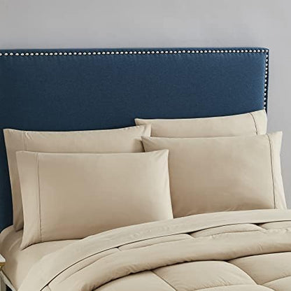 Sweet Home Collection 7 Piece Comforter Set Bag Solid Color All Season Soft Down Alternative Blanket & Luxurious Microfiber Bed Sheets, Taupe, Twin XL
